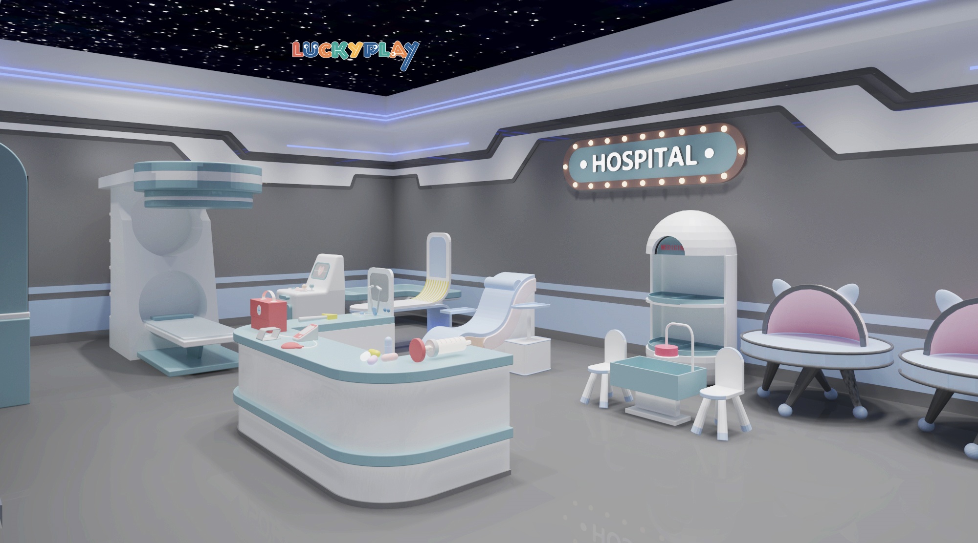 Casa de juegos infantil interior con tema espacial para juego de roles, casa de muñecas y juego educativo simulado para niños - Product Image