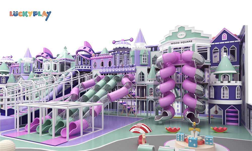 Parque infantil interior para niños con torres de múltiples toboganes estilo castillo y estructuras de juego elevadas de plástico a gran escala - Product Image