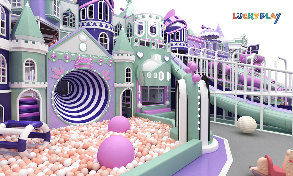 Parque infantil interior para niños con torres de múltiples toboganes estilo castillo y estructuras de juego elevadas de plástico a gran escala - Product Image