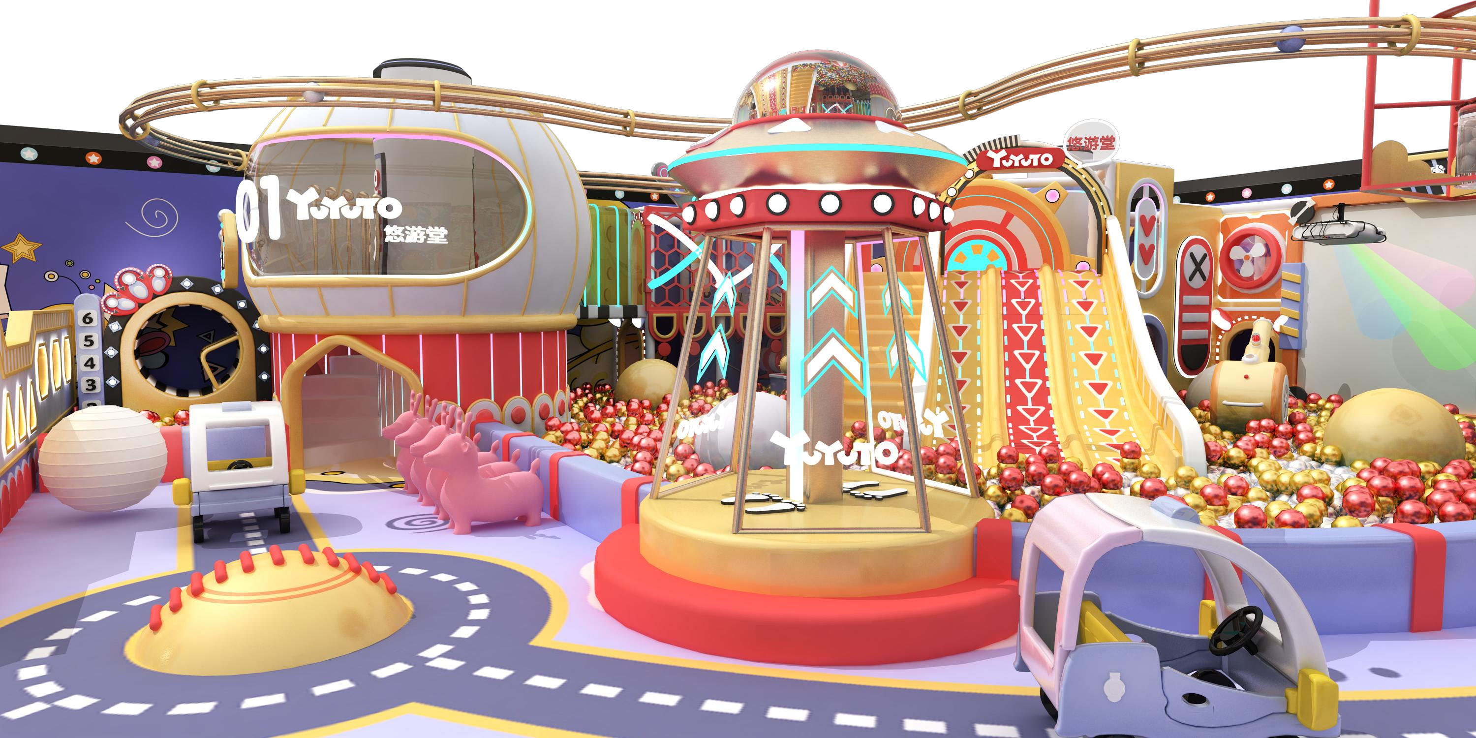 Equipo comercial de parque infantil interior con tobogán LED y carrusel eléctrico, equipo de juego blando hecho de plástico duradero - Product Image