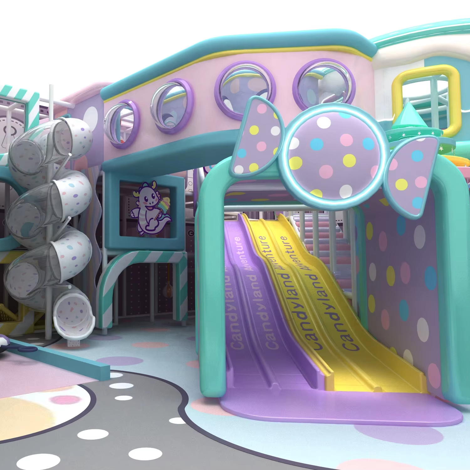 Parque infantil interior comercial con temática de dulces con toboganes coloridos piscina de bolas y equipo de juego blando