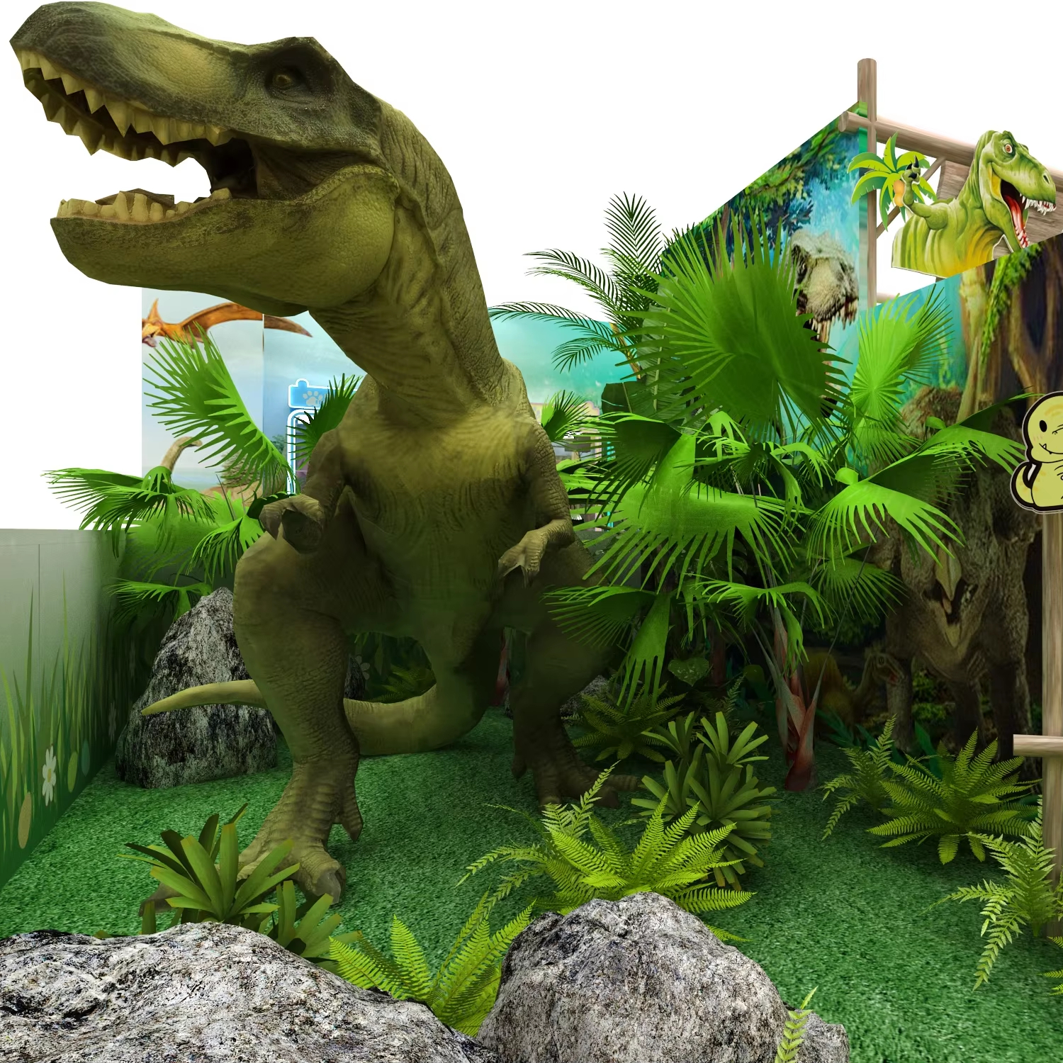 Área de juegos interior comercial temática de dinosaurios para niños con parque de trampolines