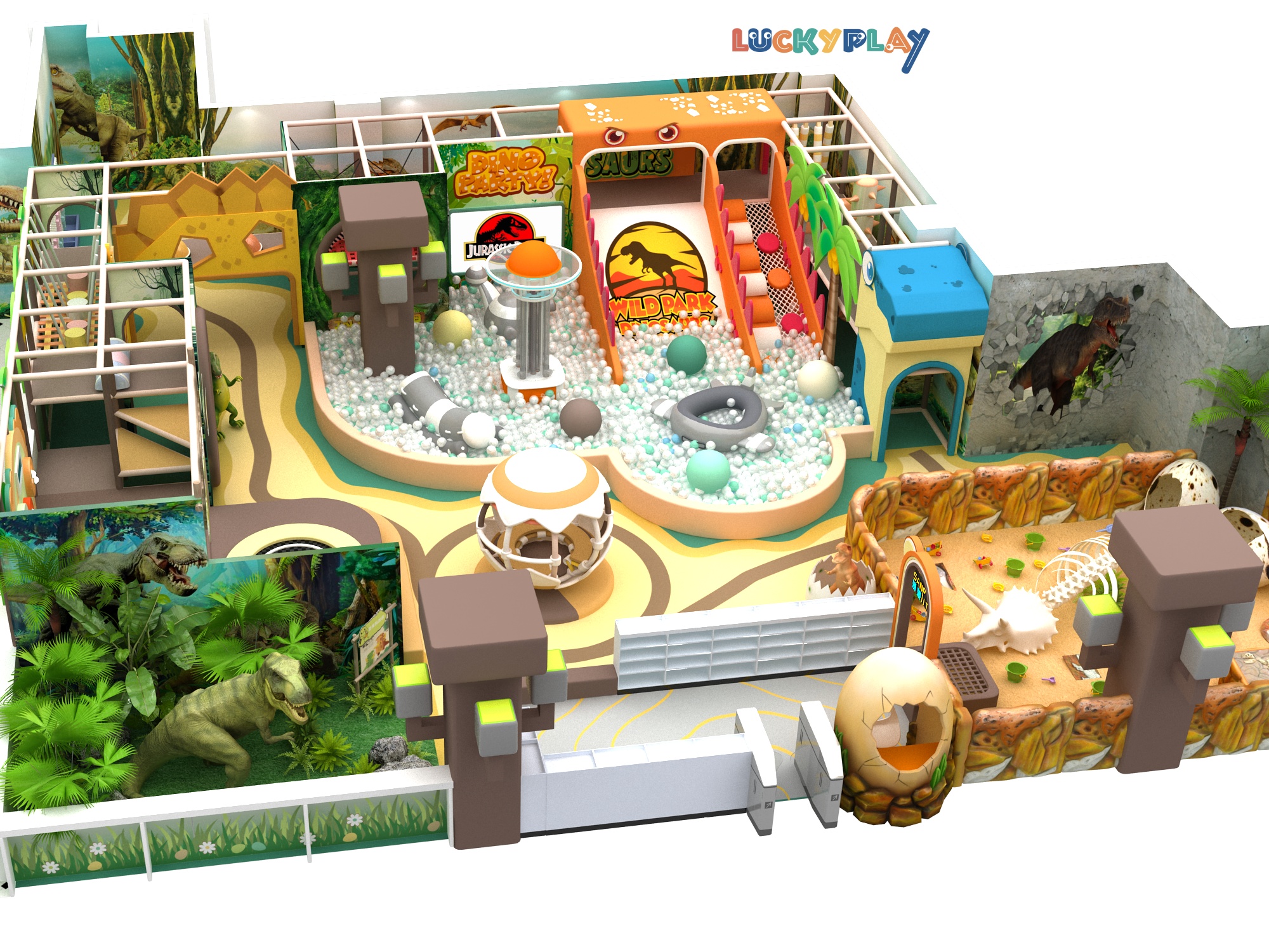 Área de juegos interior comercial temática de dinosaurios para niños con parque de trampolines - Product Image