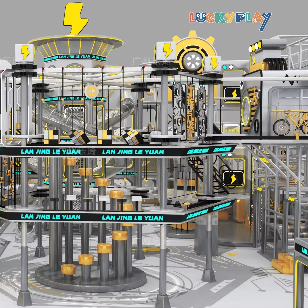 Parque infantil interior colorido de alta calidad con centro de juego blando, estructuras altas multinivel y tobogán iluminado duradero