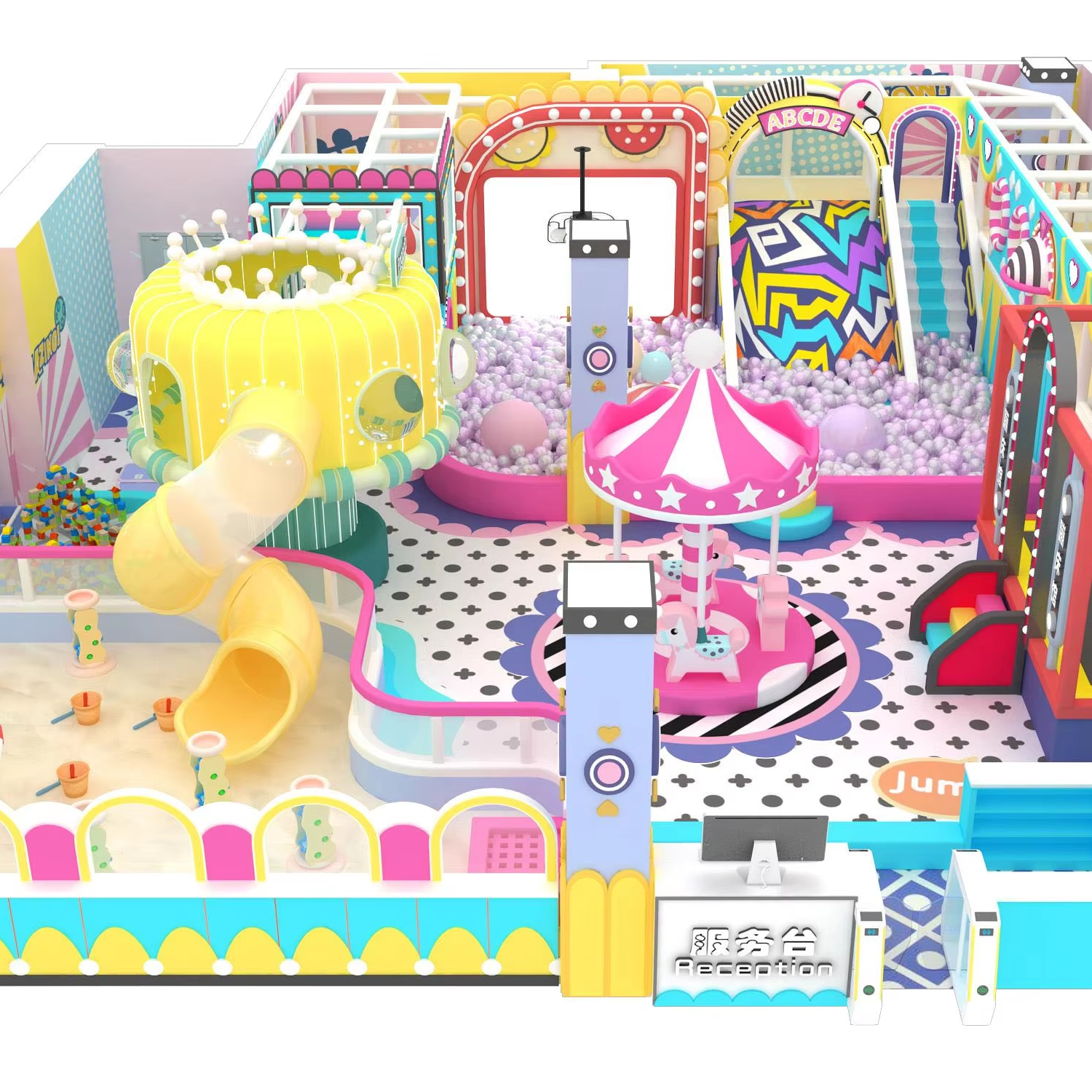 Parque infantil interior para niños con piscina de bolas gigante estilo anime, múltiples toboganes, casita de aventuras y equipo de juego blando