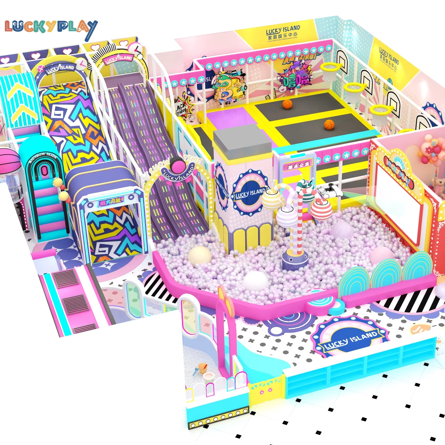 Parque infantil interior para niños con tobogán largo extra alto y equipo de aventura de juego suave de plástico para centro de entretenimiento familiar