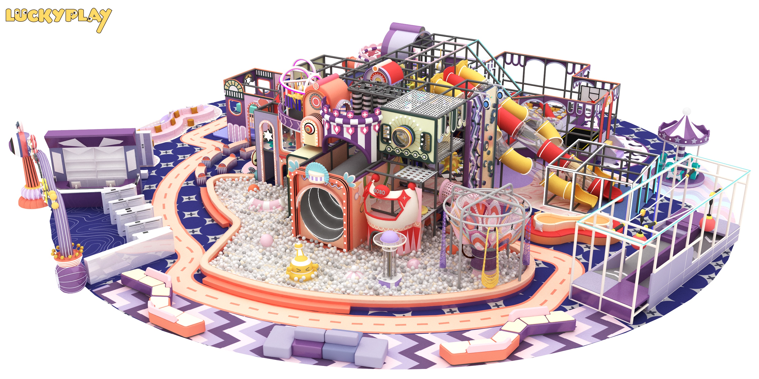 Parque infantil interior comercial de gran escala multinivel con tubos de juego blando de plástico y espuma, toboganes, piscina de bolas, trampolín y áreas de actividad para niños - Product Image