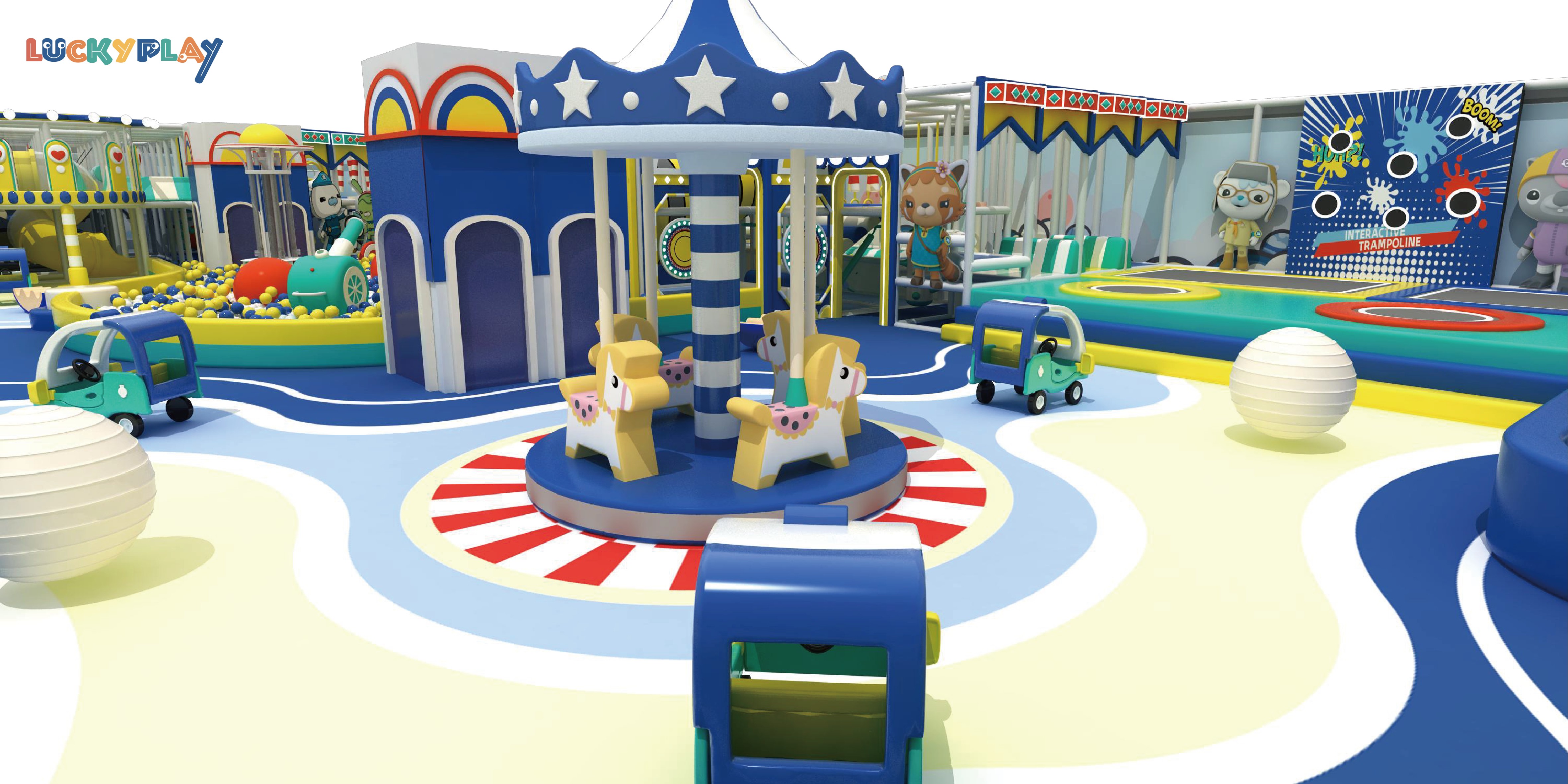 Parque infantil interior Luckyplay para niños con circuito de obstáculos de pared, agarres de escalada suaves de plástico, paneles interactivos y rutas de desafío seguras - Product Image