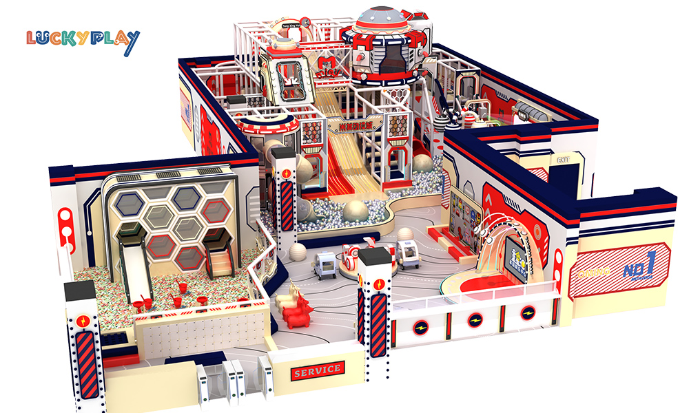 Parque infantil moderno de interior con temática espacial, equipo de juego blando con laberinto, muros de escalada y piscina de bolas para parque de atracciones comercial - Product Image