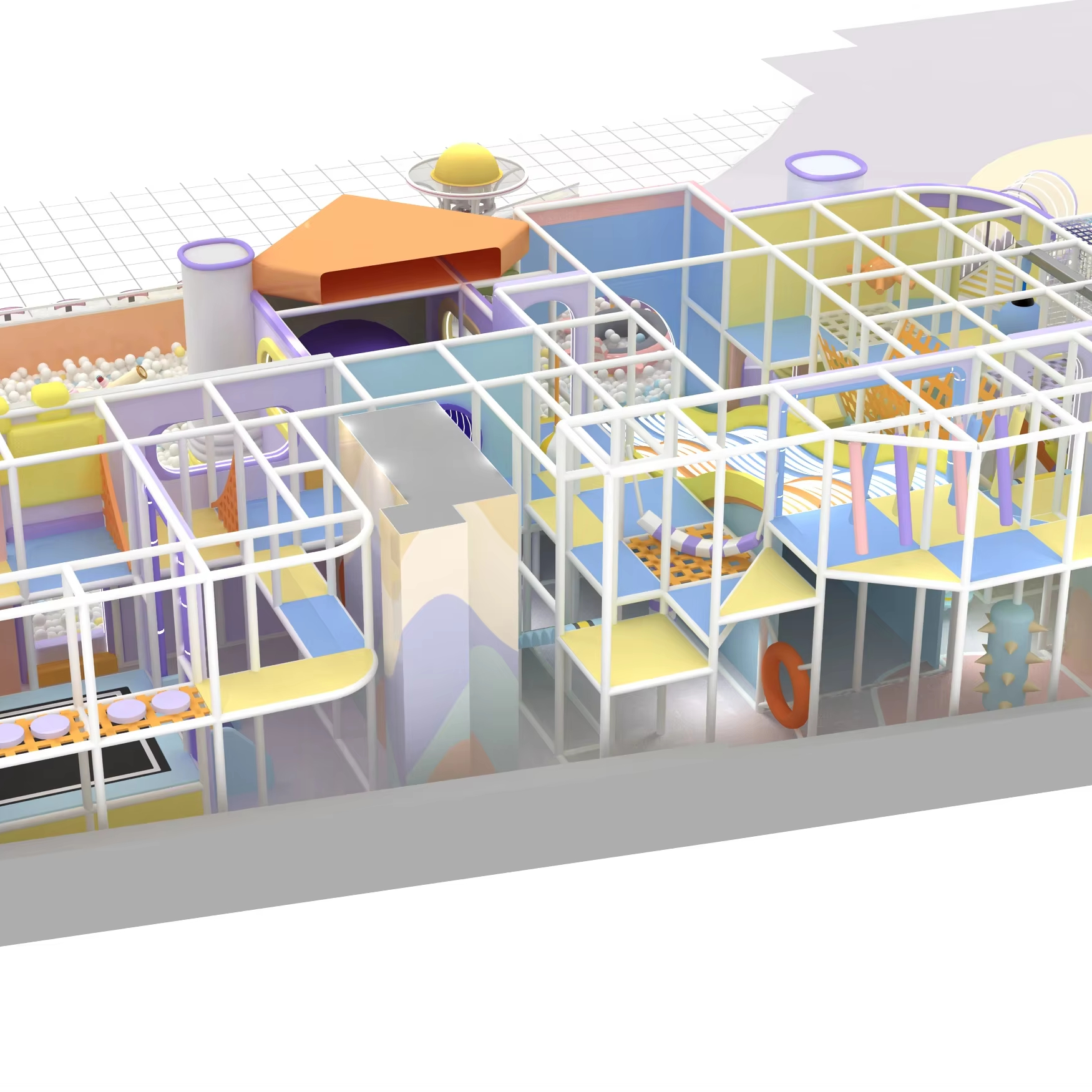 Parque infantil interior para niños con tema cuántico estructuras de juego futuristas toboganes interactivos y efectos de luz LED