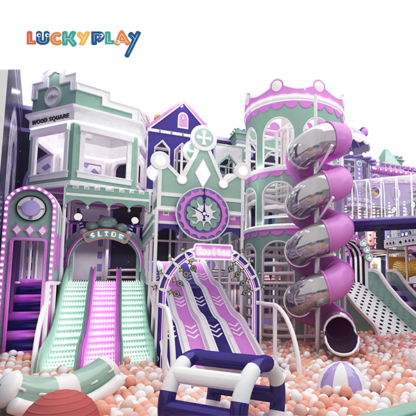 Children Indoor Playground with Castle Style Multi Slide Towers and Large Scale Elevated Plastic Play Structures