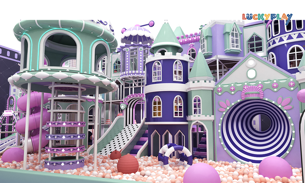 Children Indoor Playground with Castle Style Multi Slide Towers and Large Scale Elevated Plastic Play Structures - Product Image