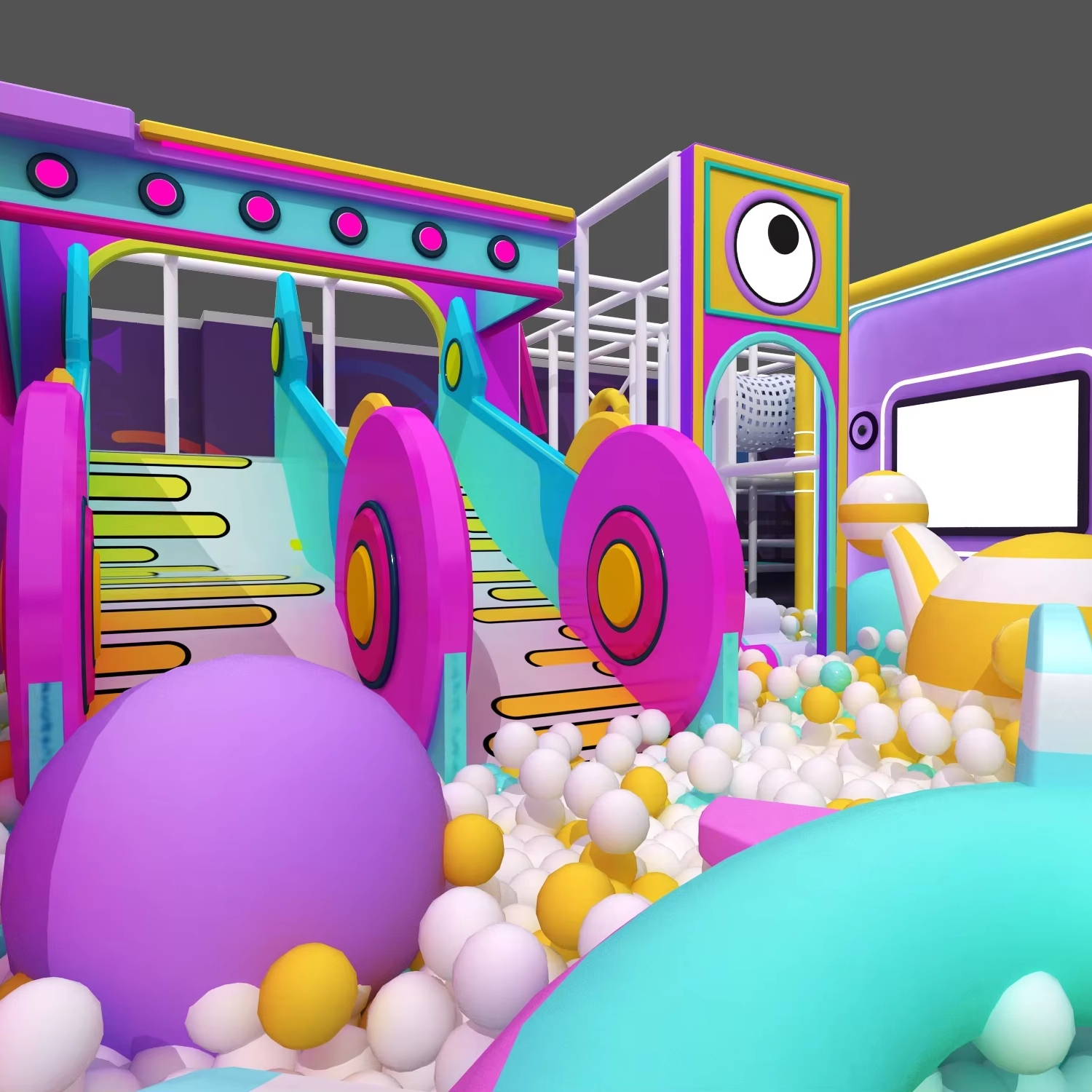 Commercial Indoor Plastic Playground Weird Sound Wave Theme Play Center with Creative Slides Interactive Games and Ball Pool