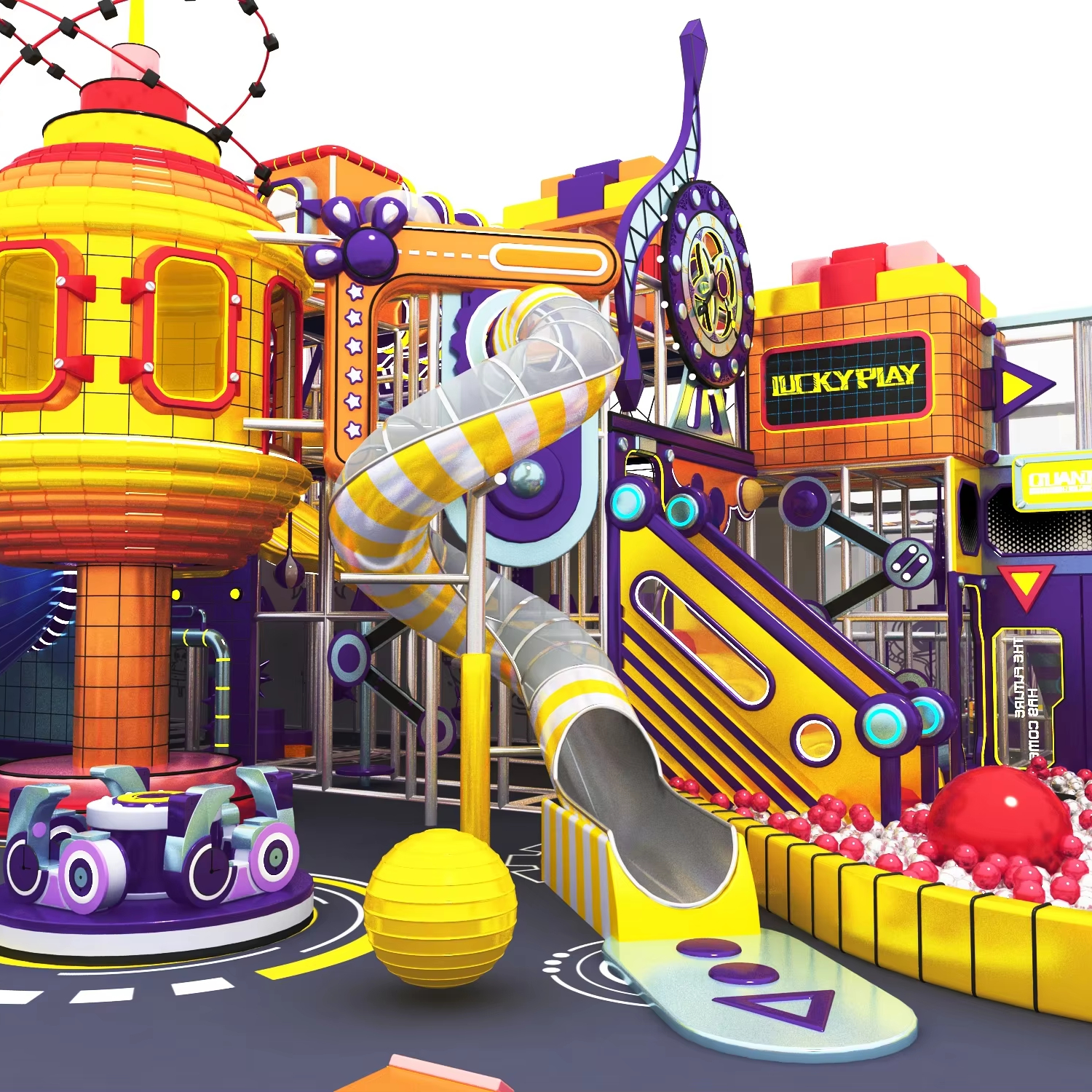 Commercial Indoor Playground With Giant Multi Level Slide Matrix Including Spiral S Tube and Wide Racing Slides