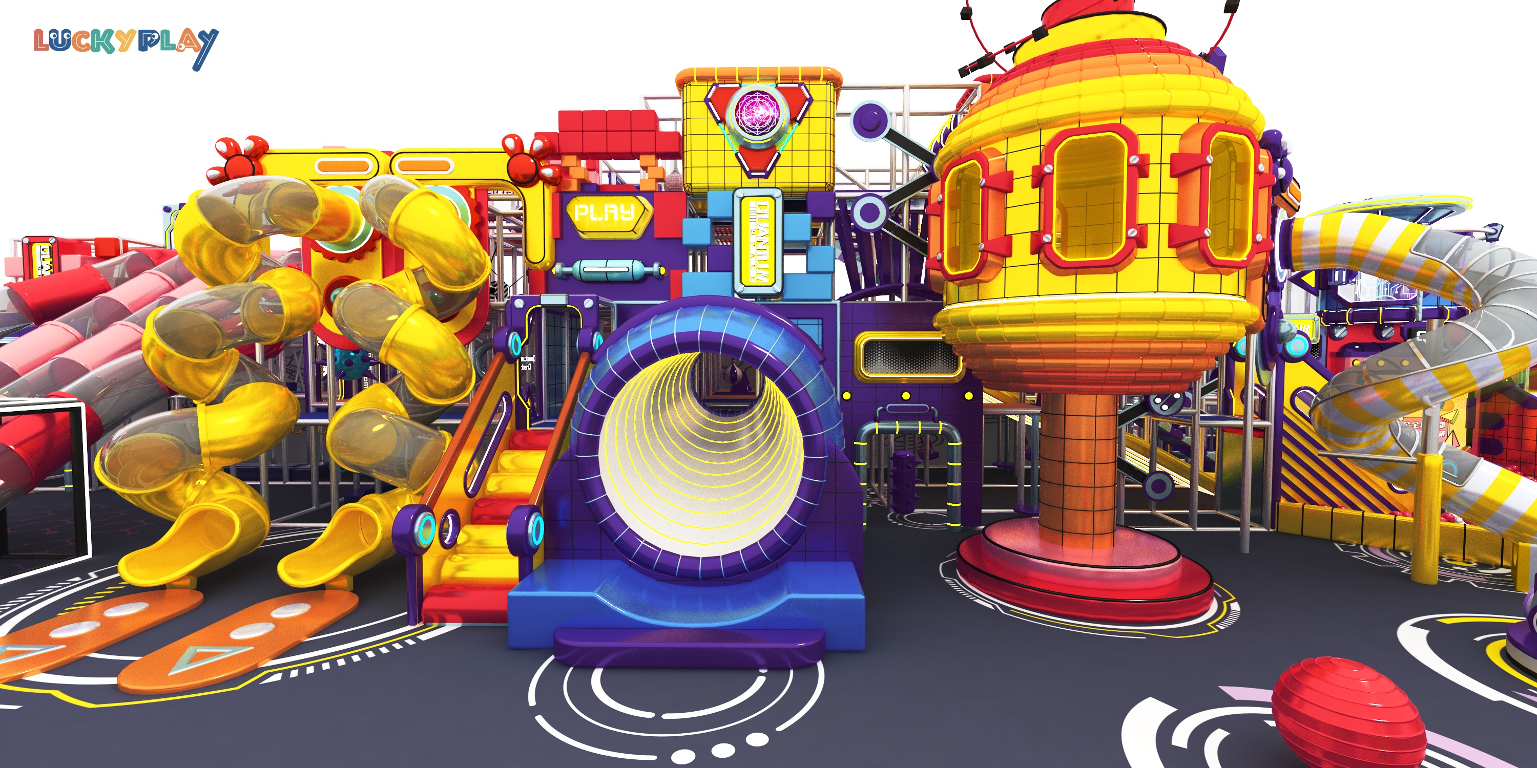 Commercial Indoor Playground With Giant Multi Level Slide Matrix Including Spiral S Tube and Wide Racing Slides - Product Image